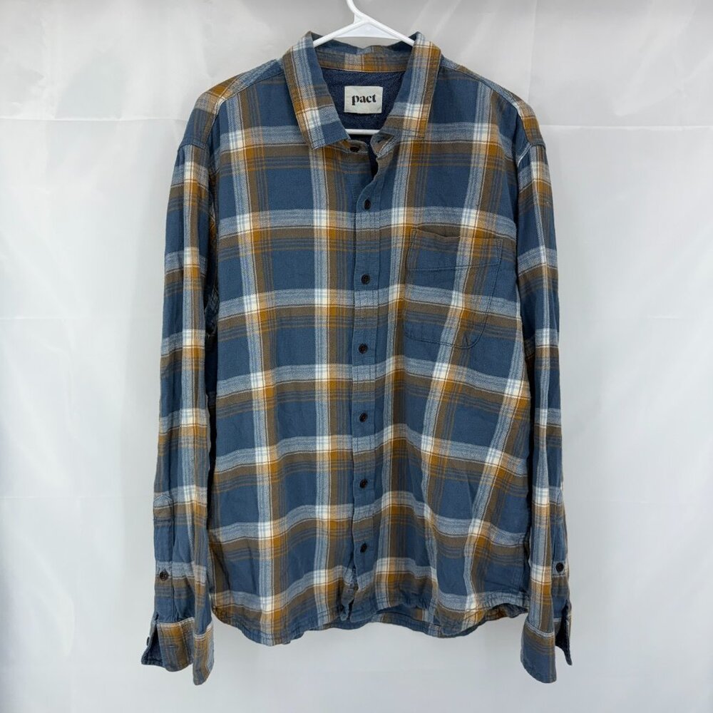 Pact Men XL Flannel Shirt Button Down Long Sleeve Blue Tan Plaid Casual Everyday